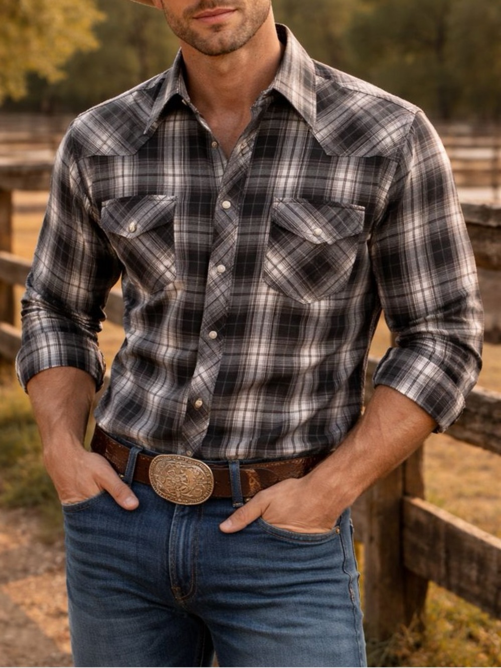 Gentry County Supply Co Mens Black Gray Plaid Pearl Snap Western Shirt Cowboy